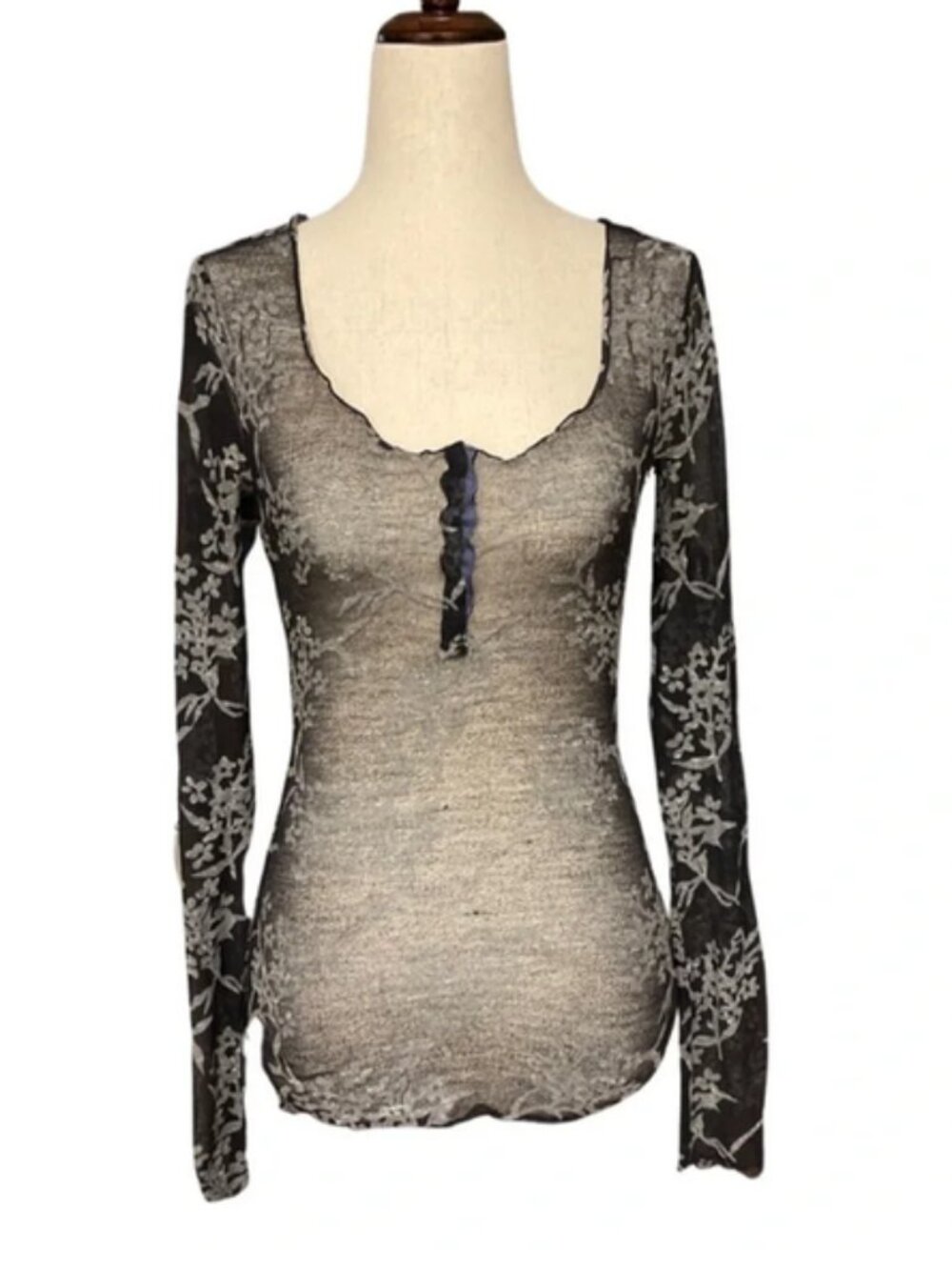 Free People Intimately Black Floral Burnout Henley Top M ASO Violet Harmon AHS